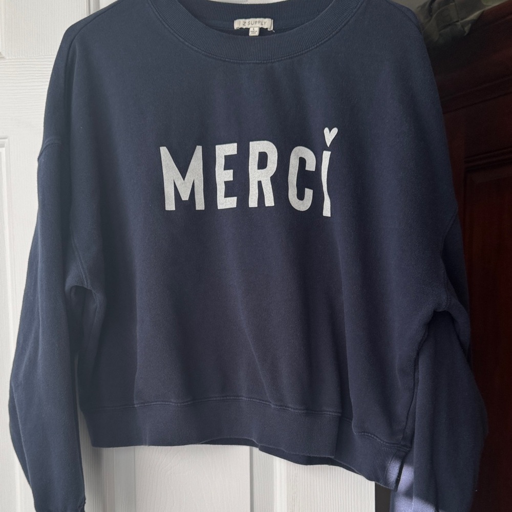 Z Supply Navy Blue "Merci" Crewneck Sweatshirt- cropped